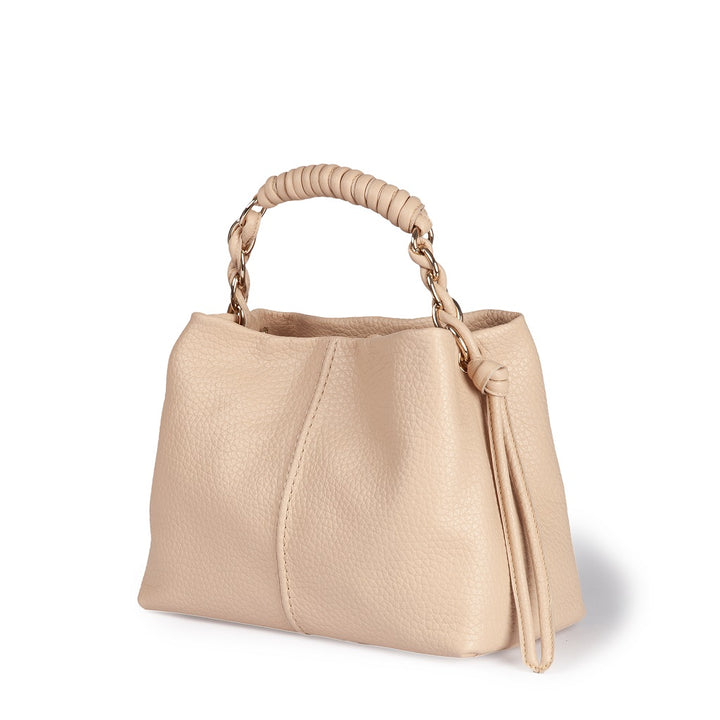 Amina small leather handbag with wrapped tubular handle and detachable shoulder strap