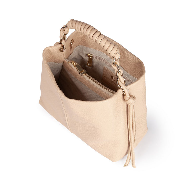 Amina small leather handbag with wrapped tubular handle and detachable shoulder strap