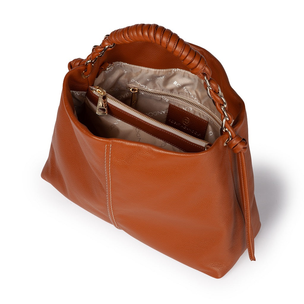 Amina large leather handbag with wrapped tubular handle and detachable shoulder strap