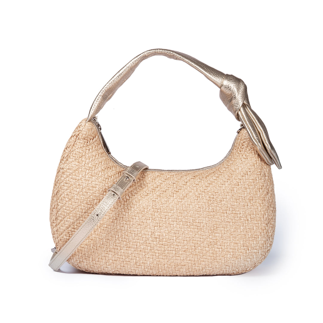 Matilde Baguette in rafia e pelle con tracolla staccabile  e regolabile