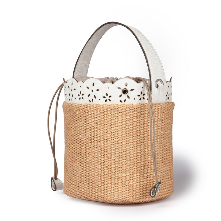 Diletta Bucket in rafia con balza in pelle laserata con tracolla staccabile