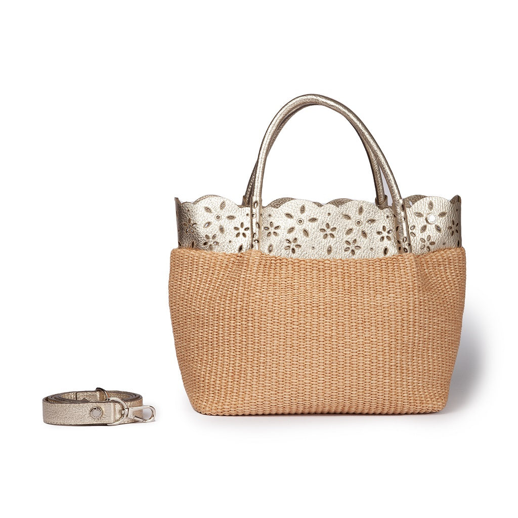 Diletta Handbag in raffia with lasered leather flounce and detachable shoulder strap