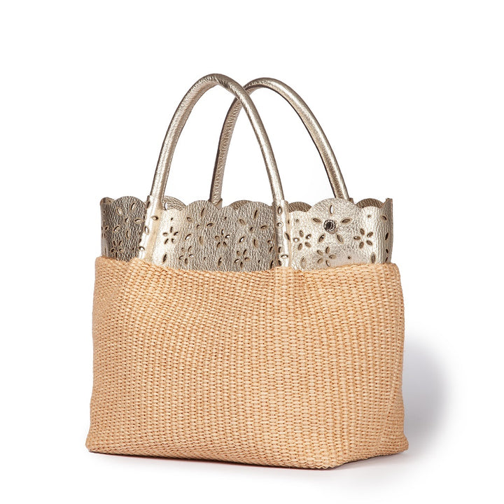 Diletta Handbag in raffia with lasered leather flounce and detachable shoulder strap