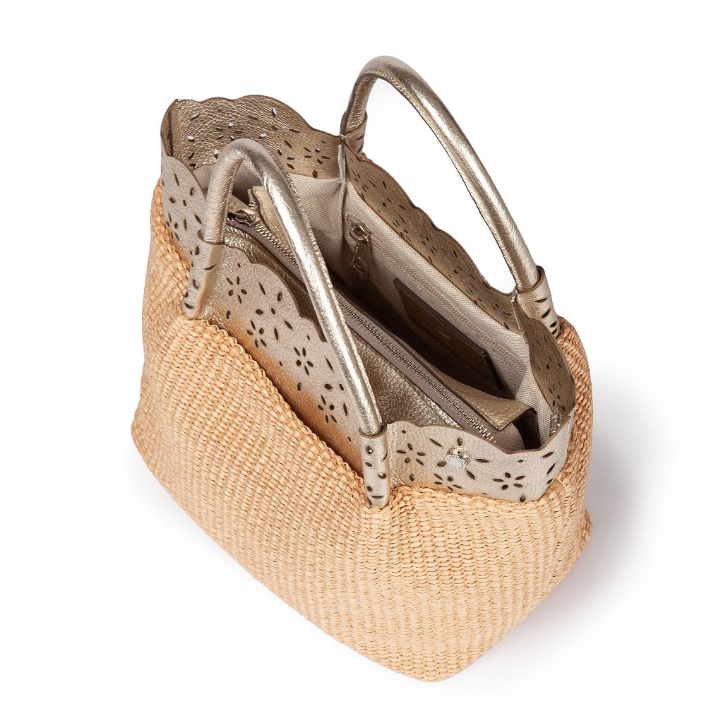 Diletta Handbag in raffia with lasered leather flounce and detachable shoulder strap