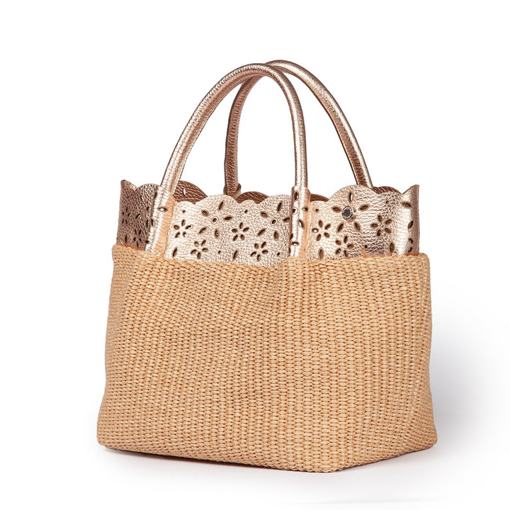 Diletta Handbag in raffia with lasered leather flounce and detachable shoulder strap