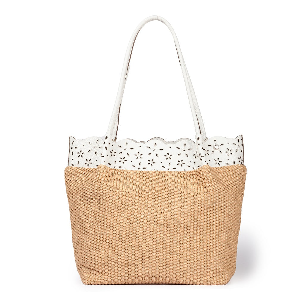 Diletta Shopping - Tote  in rafia con balza in pelle laserata con tracolla staccabile