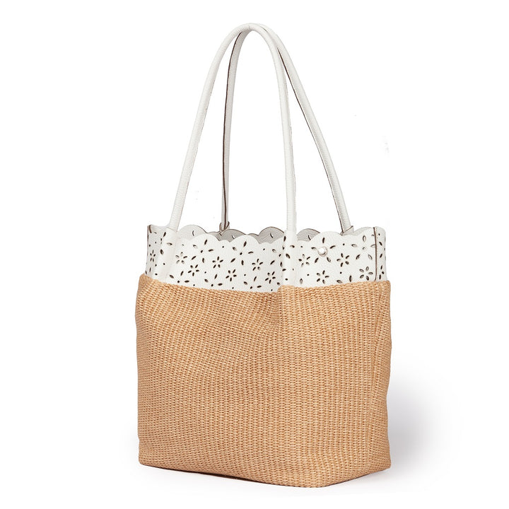 Diletta Shopping - Tote  in rafia con balza in pelle laserata con tracolla staccabile
