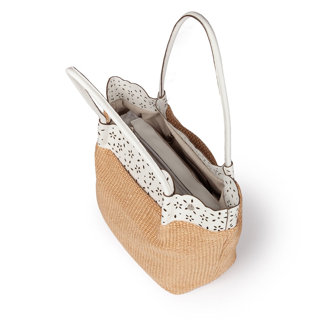 Diletta Shopping - Tote  in rafia con balza in pelle laserata con tracolla staccabile