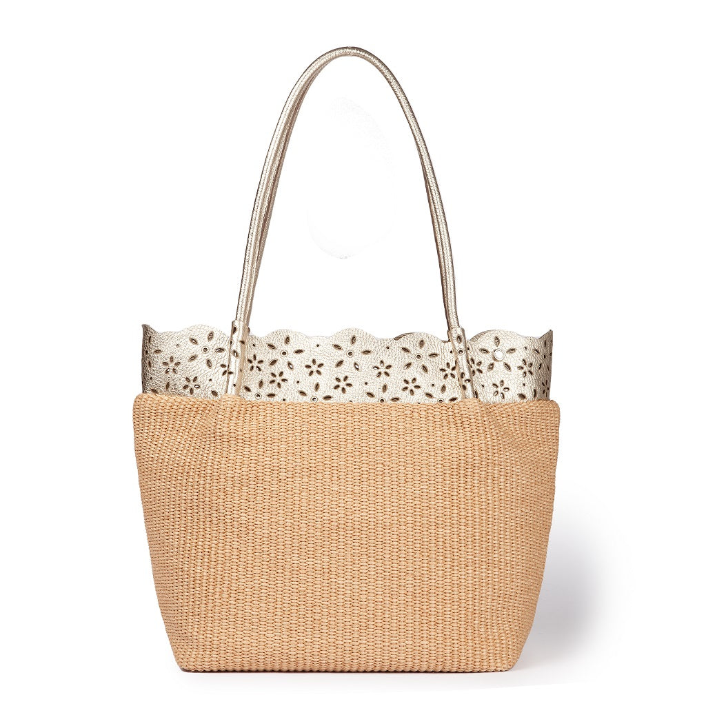 Diletta Shopping - Tote  in rafia con balza in pelle laserata con tracolla staccabile