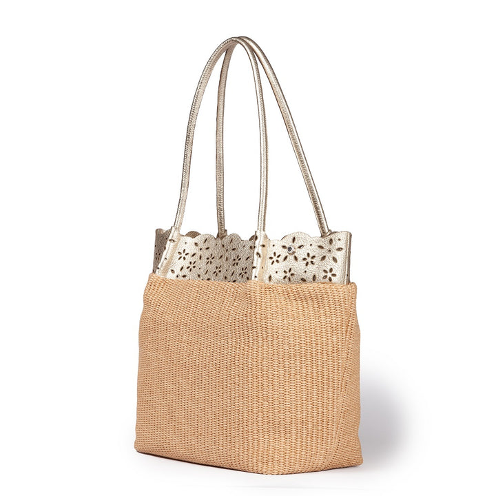 Diletta Shopping - Tote  in rafia con balza in pelle laserata con tracolla staccabile