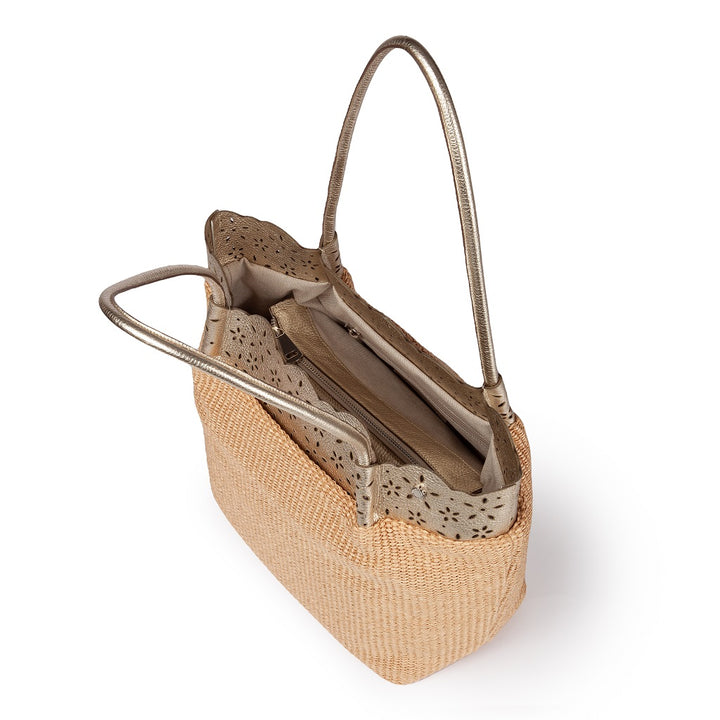 Diletta Shopping - Tote  in rafia con balza in pelle laserata con tracolla staccabile
