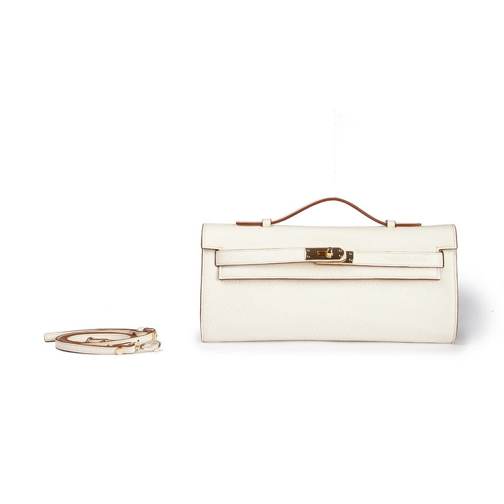 Jade cluch leather bag with retractable handle closure and detachable and adjustable shoulder strap