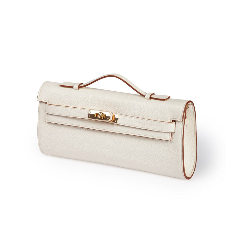 Jade cluch leather bag with retractable handle closure and detachable and adjustable shoulder strap
