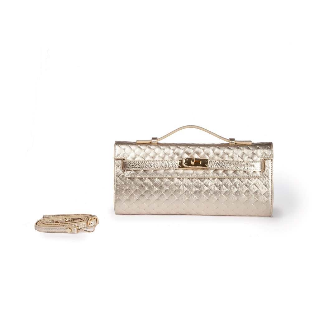 Jade Woven cluch leather bag with retractable handle closure and detachable and adjustable shoulder strap