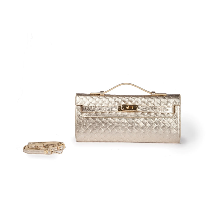 Jade Woven cluch leather bag with retractable handle closure and detachable and adjustable shoulder strap