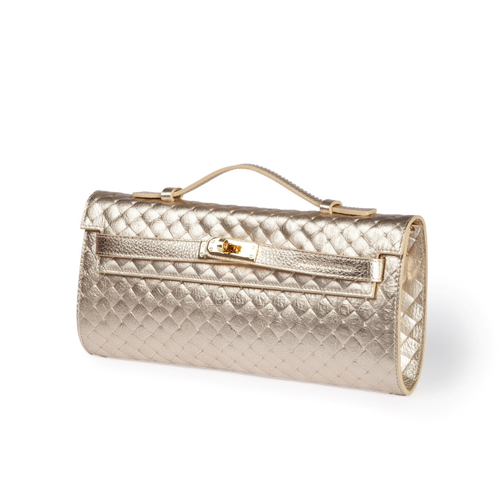 Jade Woven cluch leather bag with retractable handle closure and detachable and adjustable shoulder strap