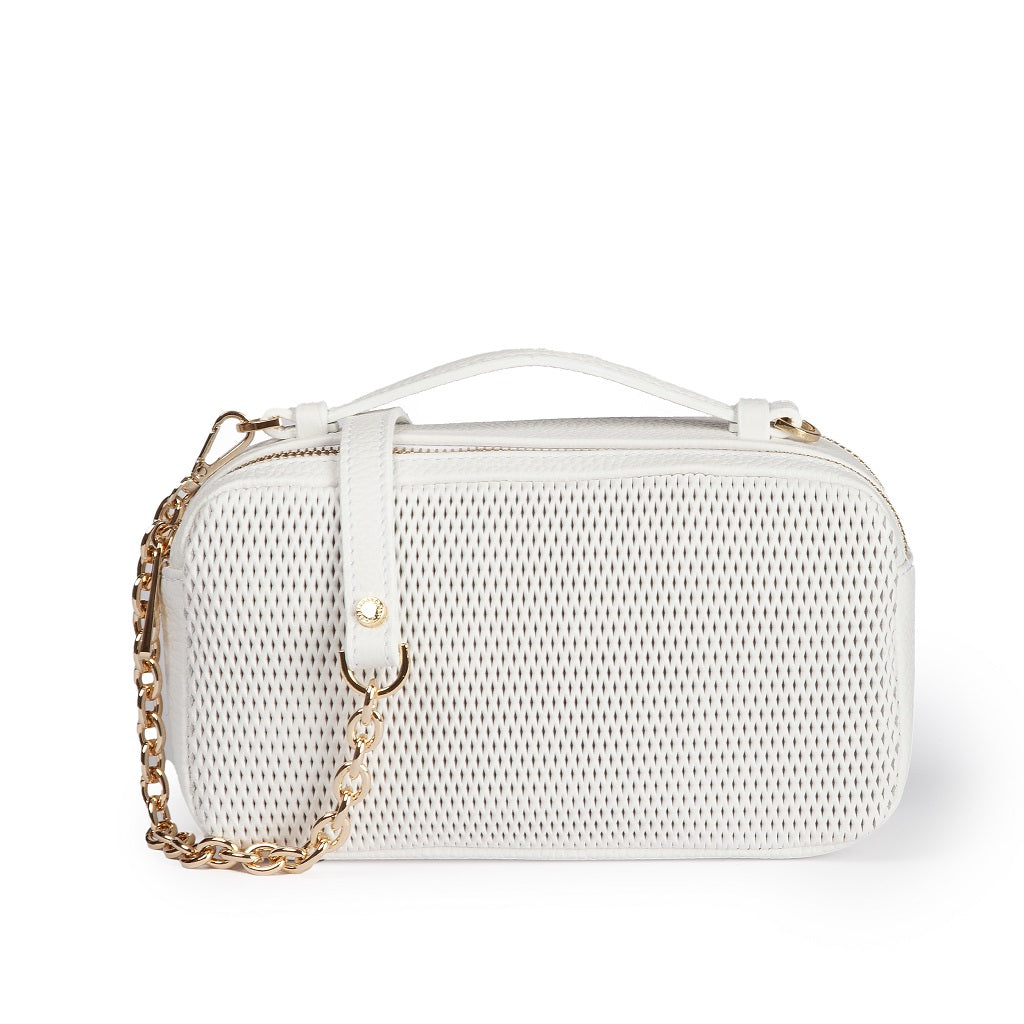 Brigida Woven camera leather bag with double compartment and gold chain shoulder strap with protective leather shoulder pad
