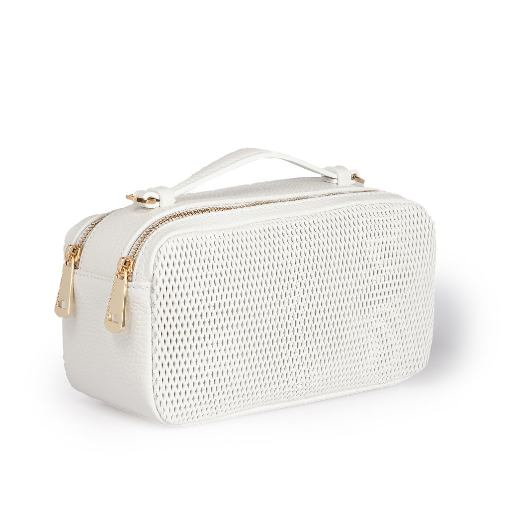 Brigida Woven camera leather bag with double compartment and gold chain shoulder strap with protective leather shoulder pad
