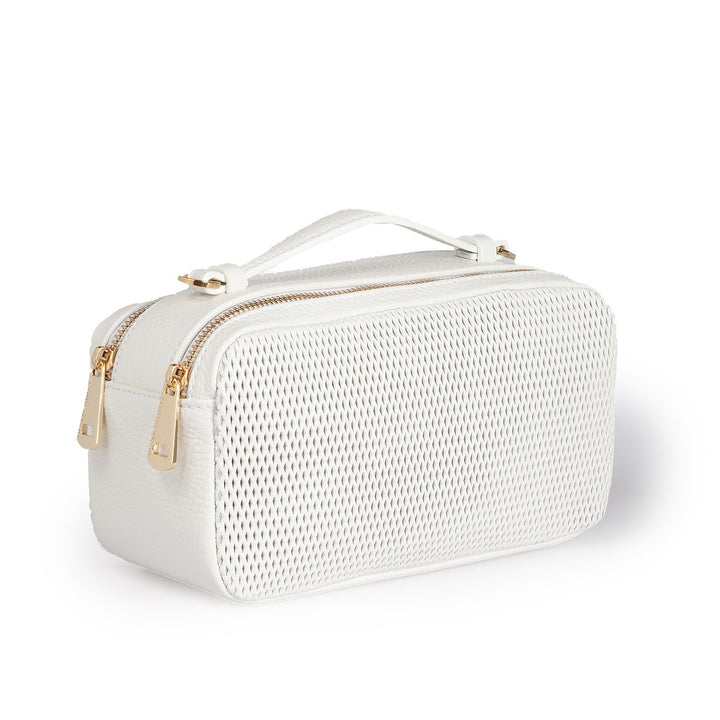 Brigida Woven camera leather bag with double compartment and gold chain shoulder strap with protective leather shoulder pad