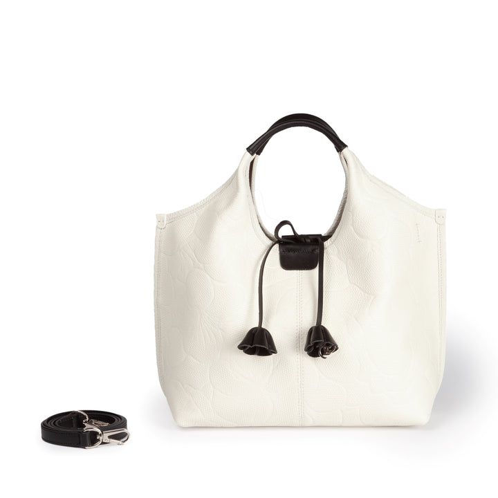 Viola handbag in pelle con delicata stampa floreale e tracolla staccabile