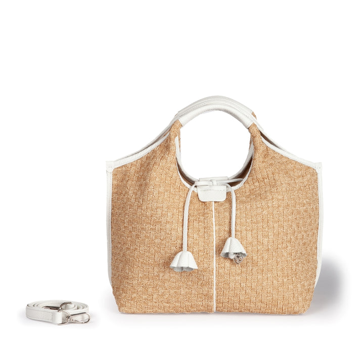 Viola Handbag in tessuto effetto rafia con finiture in pelle di vitello e tracolla staccabile
