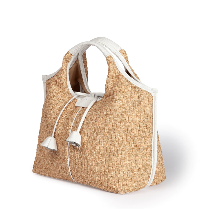 Viola Handbag in tessuto effetto rafia con finiture in pelle di vitello e tracolla staccabile