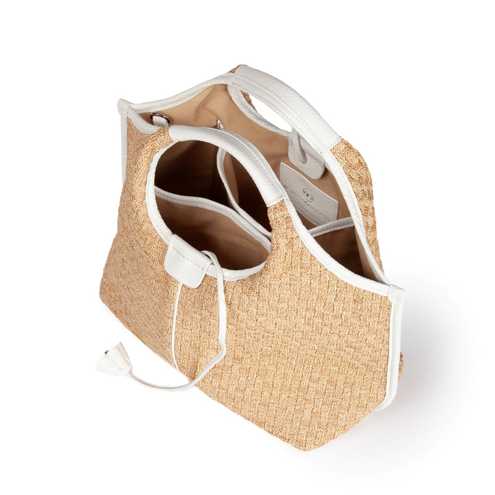 Viola Handbag in tessuto effetto rafia con finiture in pelle di vitello e tracolla staccabile