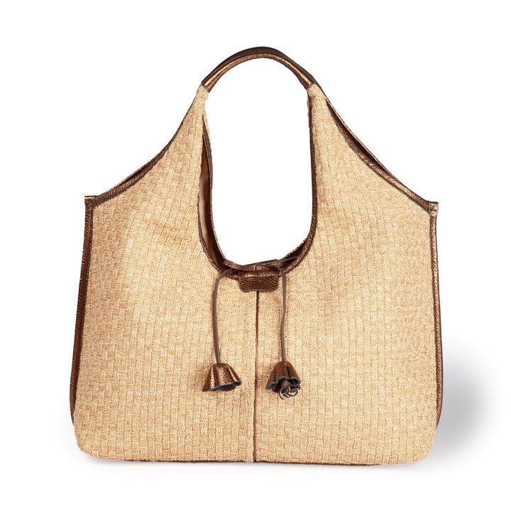 Viola Shopper in tessuto effetto rafia con finiture in pelle di vitello e tracolla staccabile