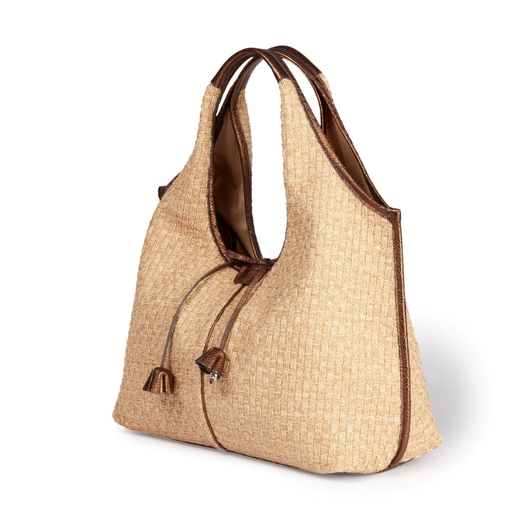 Viola Shopper in tessuto effetto rafia con finiture in pelle di vitello e tracolla staccabile