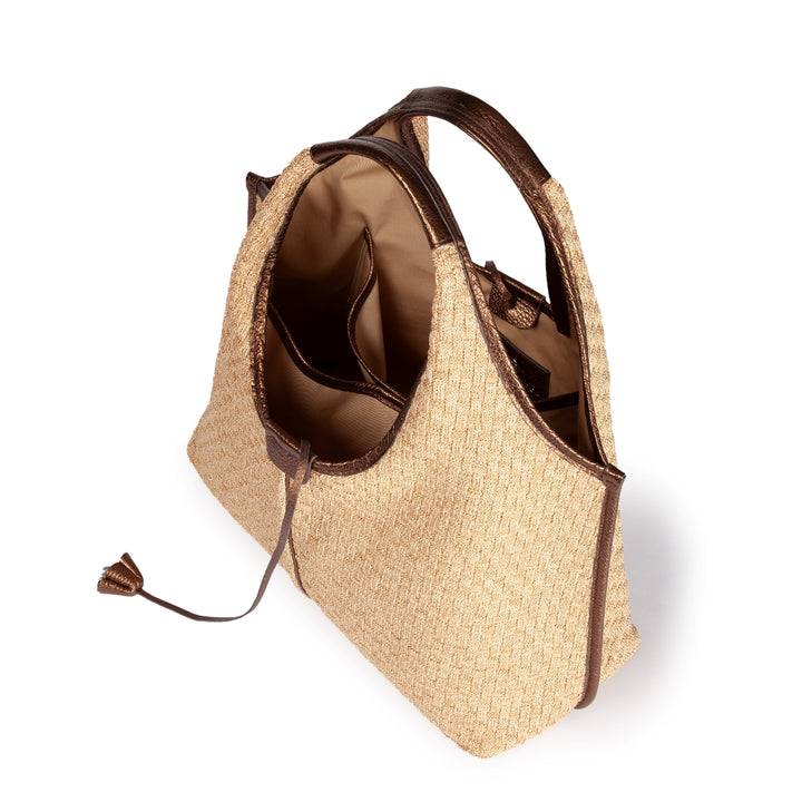 Viola Shopper in tessuto effetto rafia con finiture in pelle di vitello e tracolla staccabile