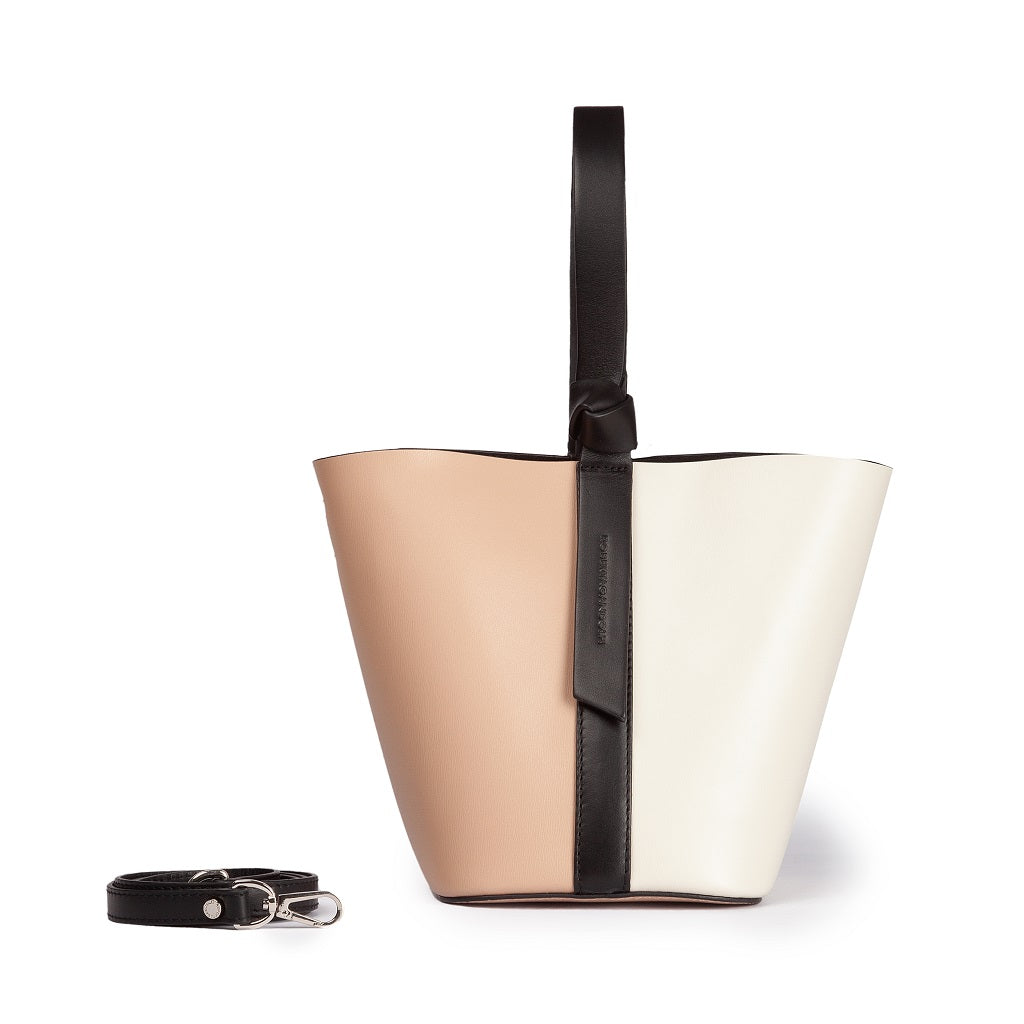 Cinzia Bucket small in two-tone leather with detachable shoulder strap