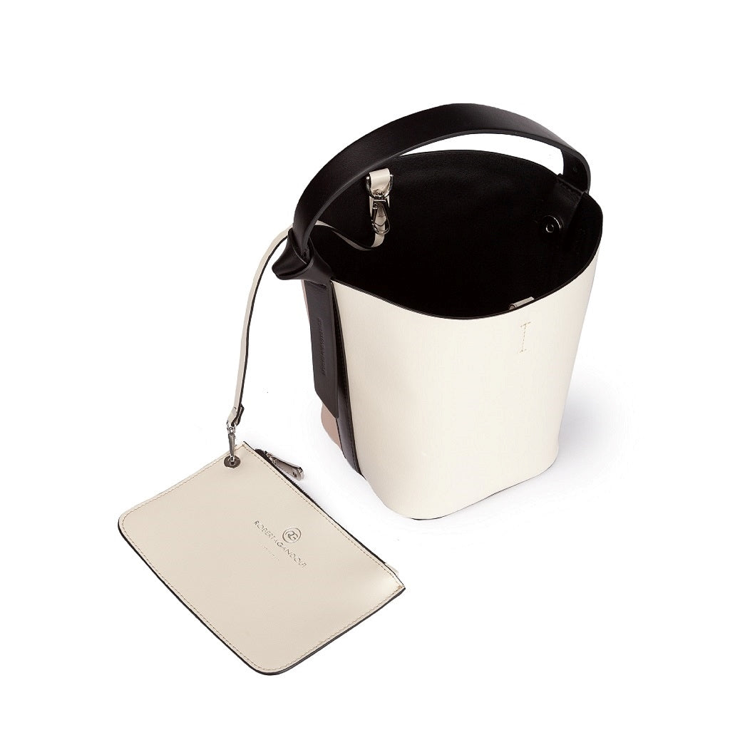 Cinzia Bucket small in two-tone leather with detachable shoulder strap