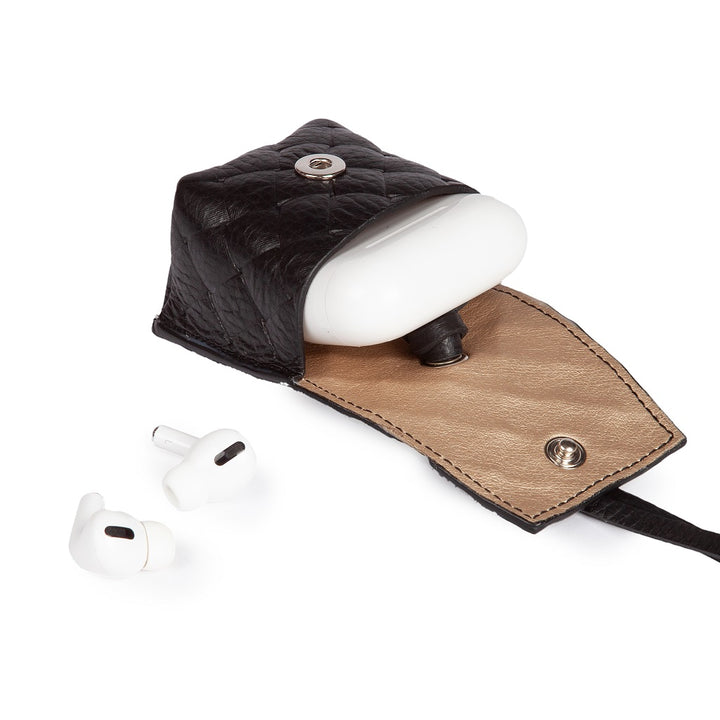 Woven charms air pods holder in braided printed leather