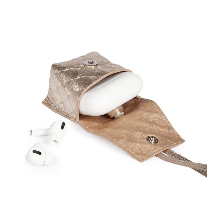 Woven charms air pods holder in braided printed leather