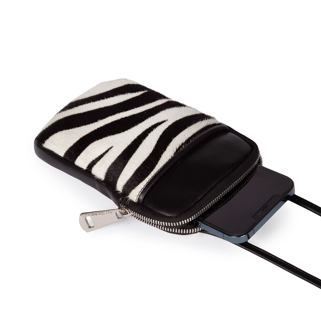 Pony animal print and calfskin phone holder with detachable and adjustable shoulder strap