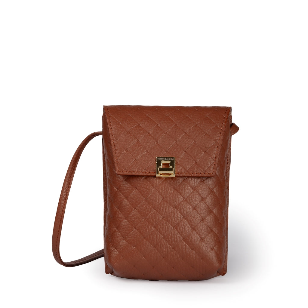Elodie Woven minibag and phoneholder in leather with practical external pocket and adjustable shoulder strap