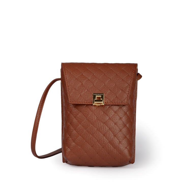 Elodie Woven minibag and phoneholder in leather with practical external pocket and adjustable shoulder strap