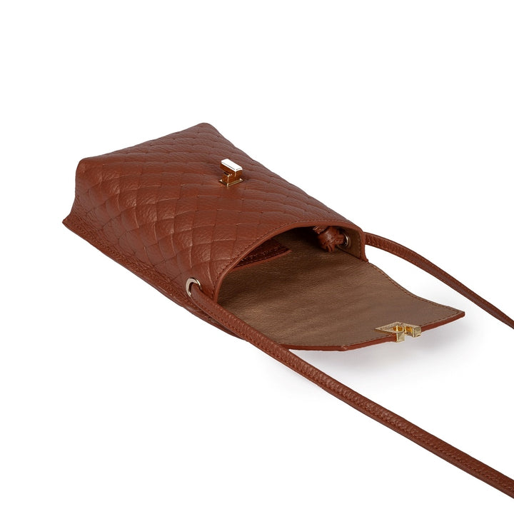 Elodie Woven minibag and phoneholder in leather with practical external pocket and adjustable shoulder strap