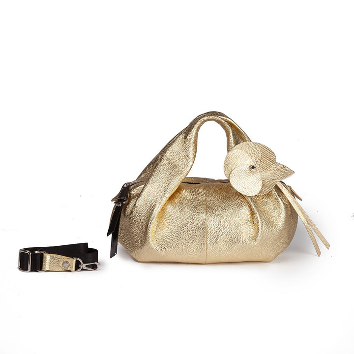 Emily large in hammered leather with removable floral decoration and adjustable shoulder strap