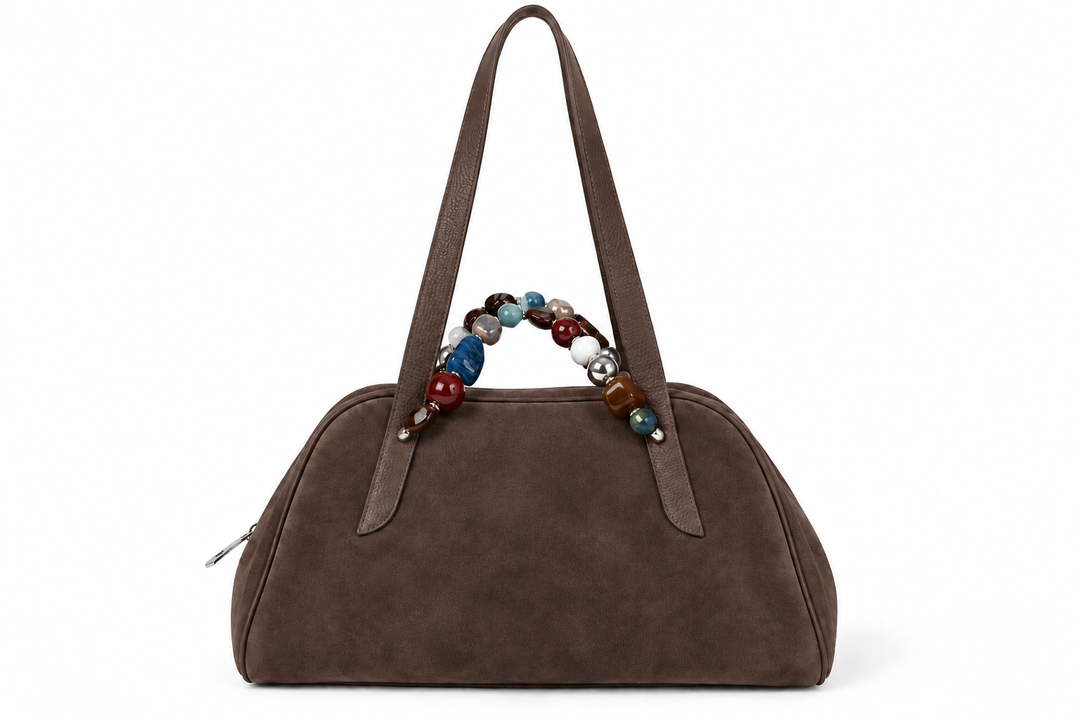 Vittoria Bowling Suede – Borsa in Camoscio Rasato con Manico Gioiello e Doppi Manici a Spalla