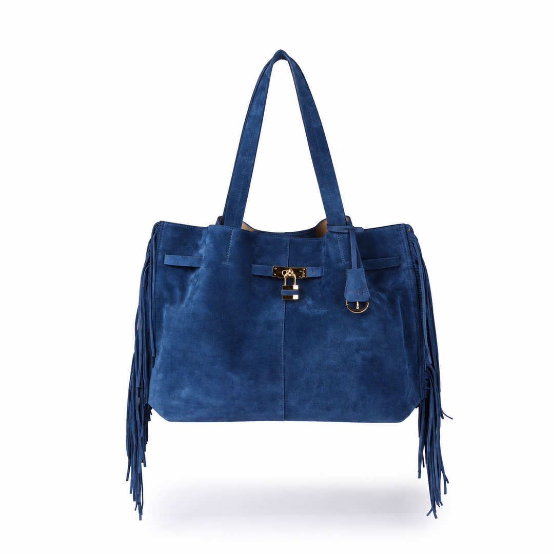 Sveva Suede Fringes Tote – Leather tote with organized interior and decorative turn-lock closure