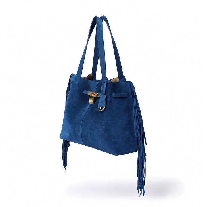 Sveva Suede Fringes Tote – Leather tote with organized interior and decorative turn-lock closure
