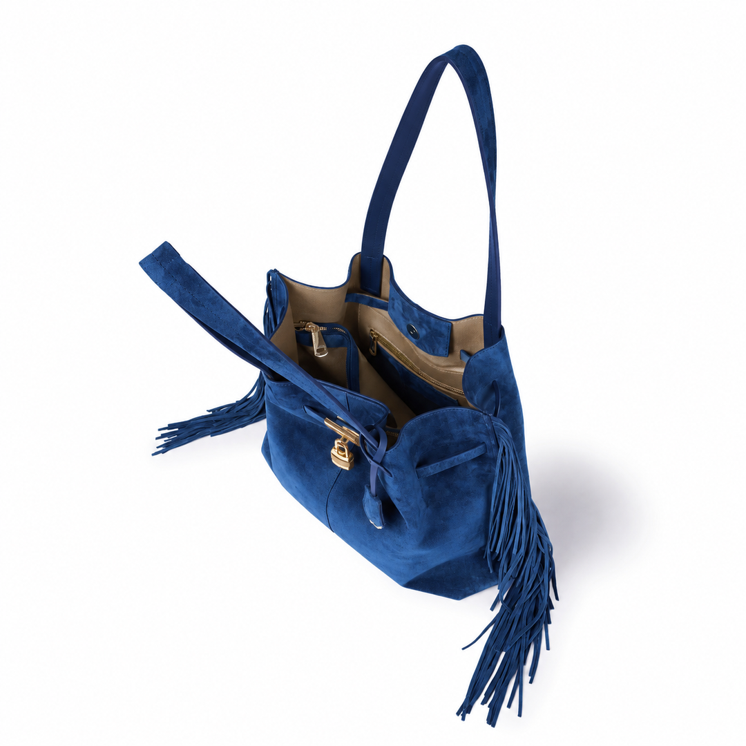 Sveva Suede Fringes Tote – Leather tote with organized interior and decorative turn-lock closure