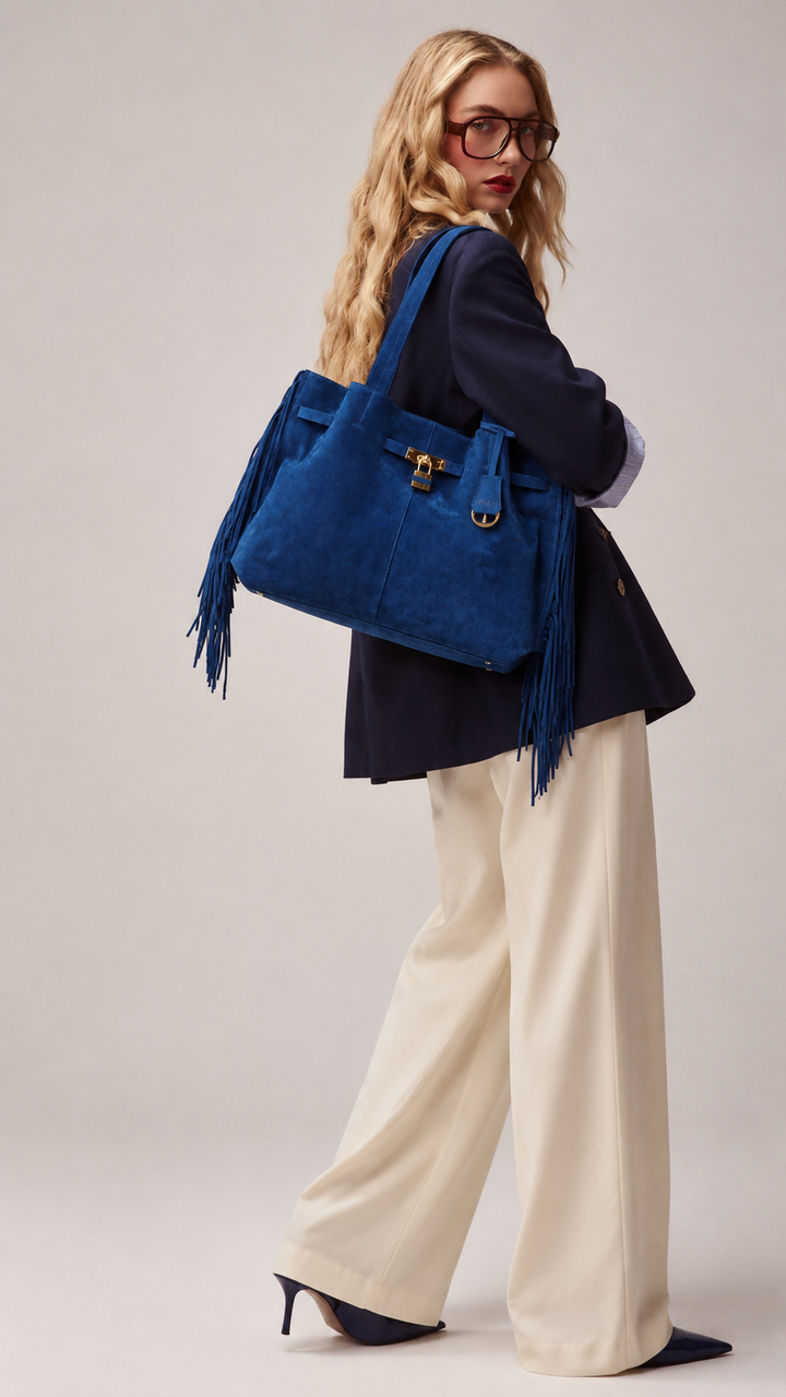 Sveva Suede Fringes Tote – Leather tote with organized interior and decorative turn-lock closure