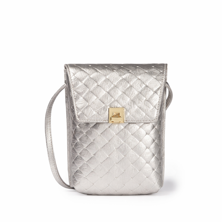 Elodie Woven minibag and phoneholder in pelle con pratica tasca esterna e tracolla regolabile