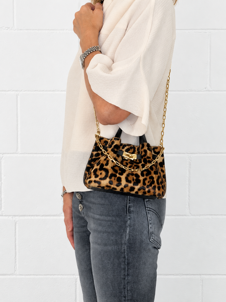 Sveva Mini Pony – Leather and Pony Hair Bag with Chain Shoulder Strap