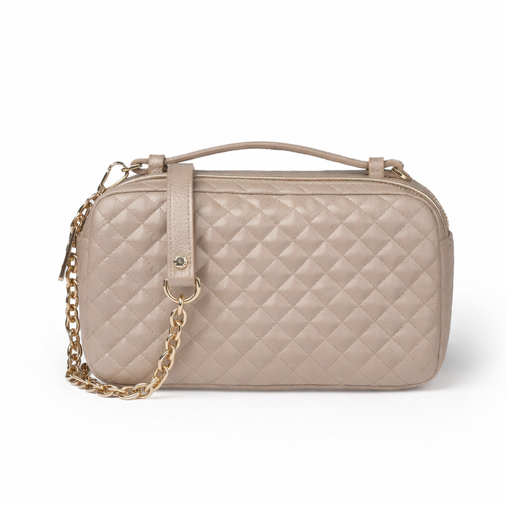 Brigida Woven camera leather bag with double compartment and gold chain shoulder strap with protective leather shoulder pad