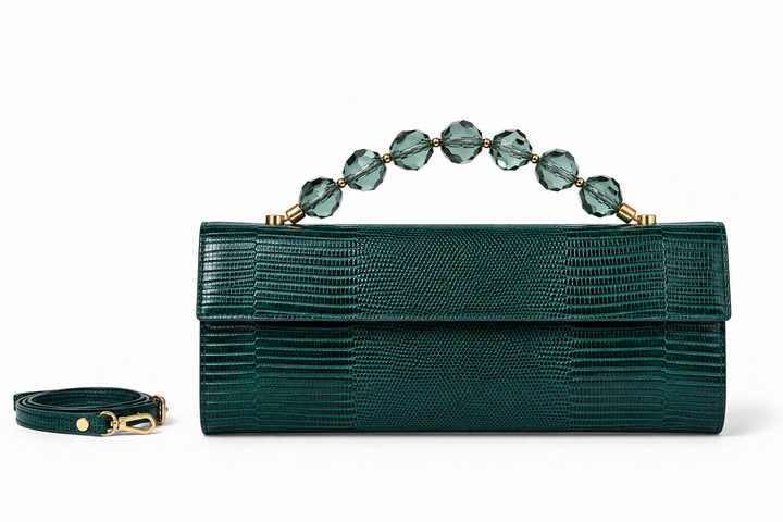 Sirenetta Clutch Tejus – Glossy Tejus-Embossed Leather Clutch with Jewel Handle