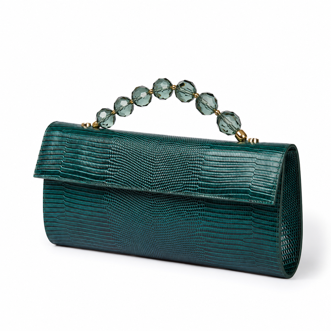 Sirenetta Clutch Tejus – Glossy Tejus-Embossed Leather Clutch with Jewel Handle