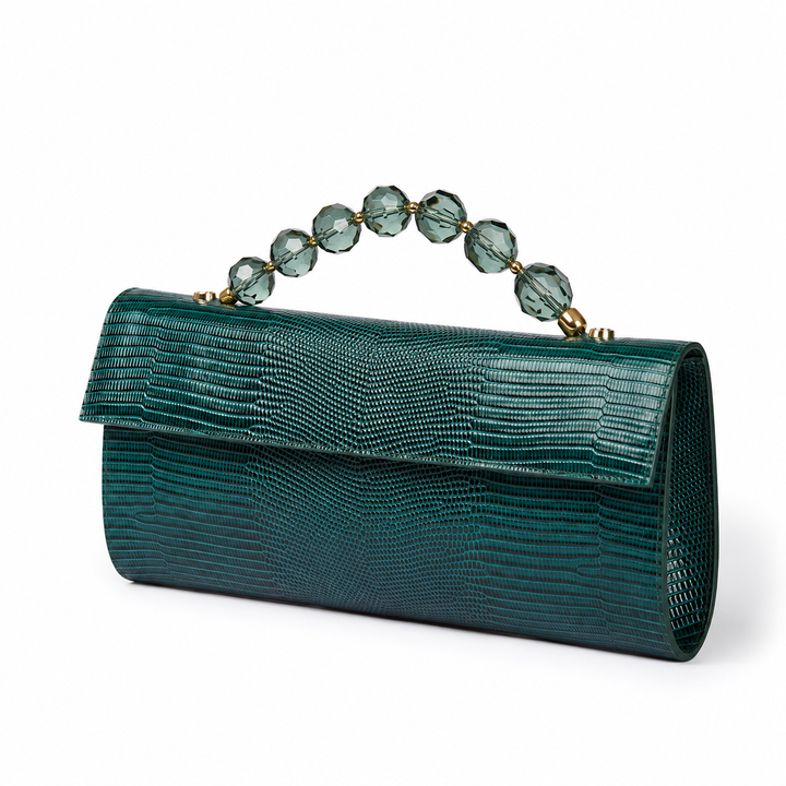 Sirenetta Clutch Tejus – Glossy Tejus-Embossed Leather Clutch with Jewel Handle